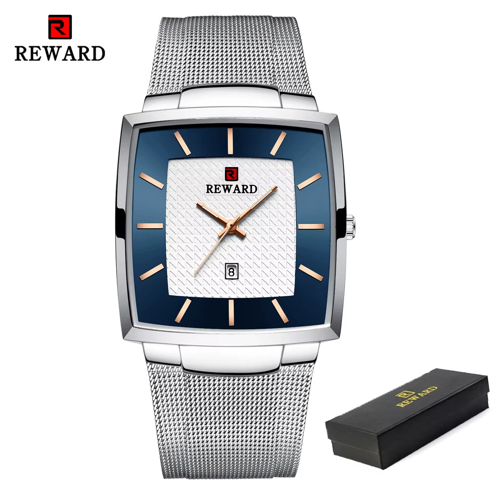 Fashion Watches Men Top Luxury Brand Square Blue Men'S Wristwatch Stainless Steel Waterproof Quartz Clock Male