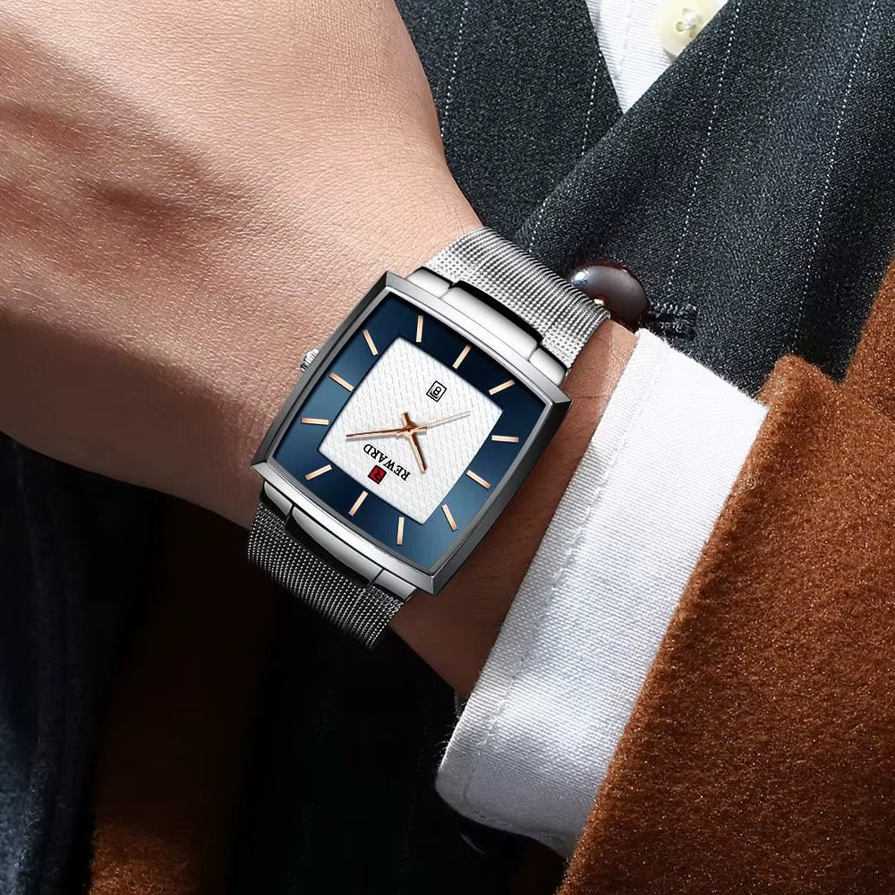 Fashion Watches Men Top Luxury Brand Square Blue Men'S Wristwatch Stainless Steel Waterproof Quartz Clock Male