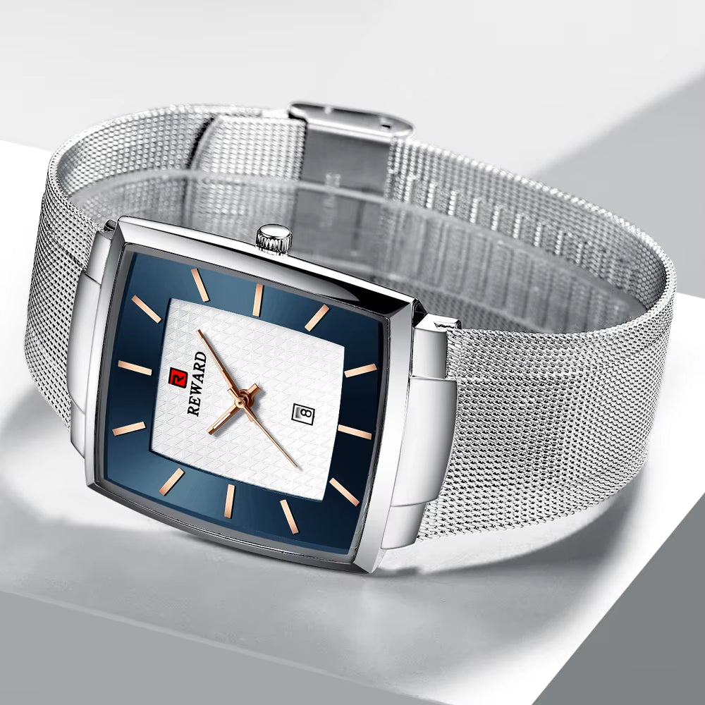 Fashion Watches Men Top Luxury Brand Square Blue Men'S Wristwatch Stainless Steel Waterproof Quartz Clock Male