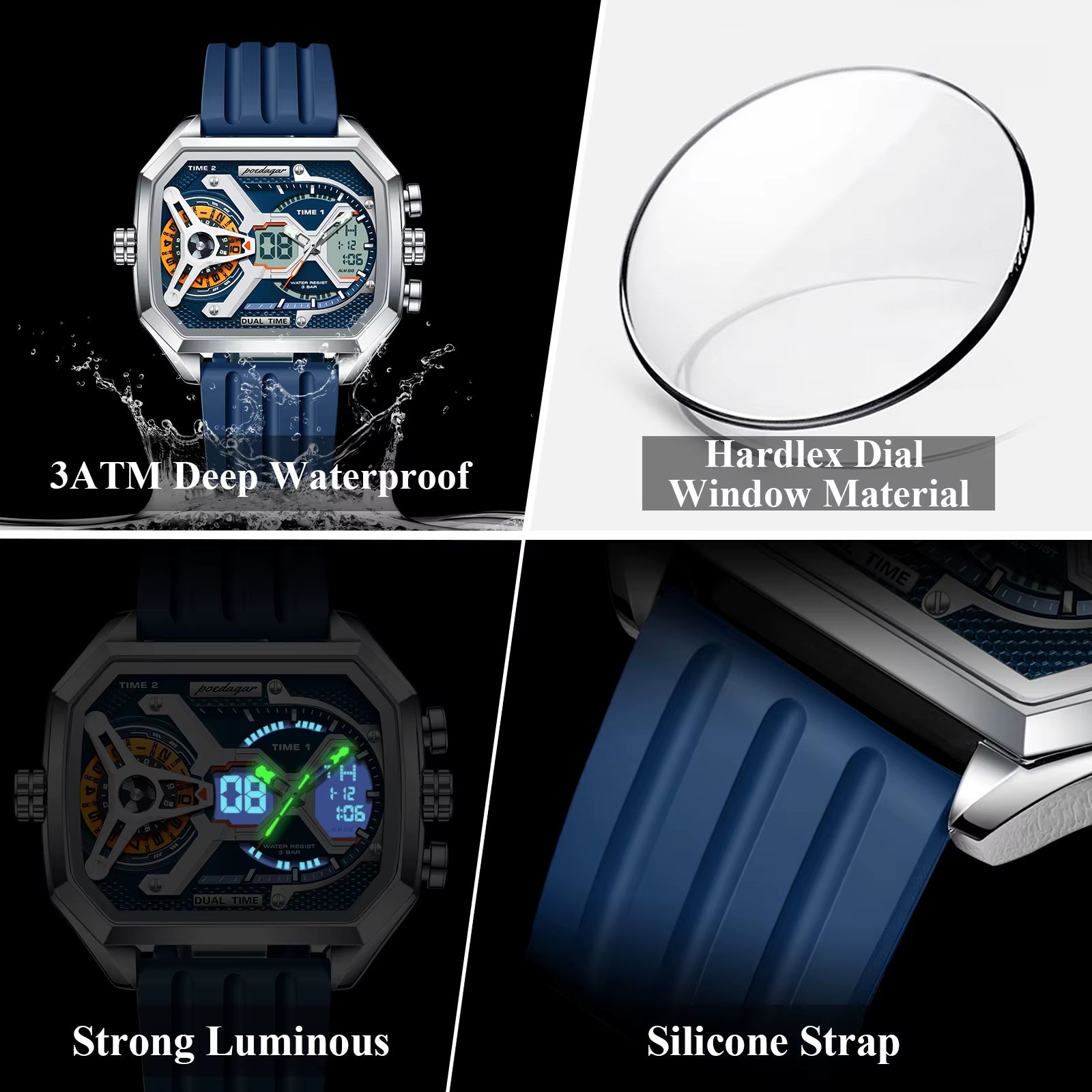 Top Luxury Men Clock Date Week Luminous LED Man Watch Silicone Strap Electronic Dual Time Fashion Men'S Quartz Watches