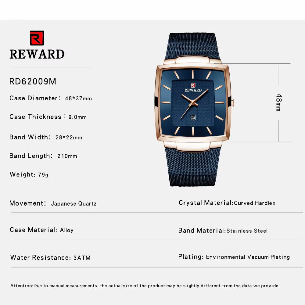 Fashion Watches Men Top Luxury Brand Square Blue Men'S Wristwatch Stainless Steel Waterproof Quartz Clock Male