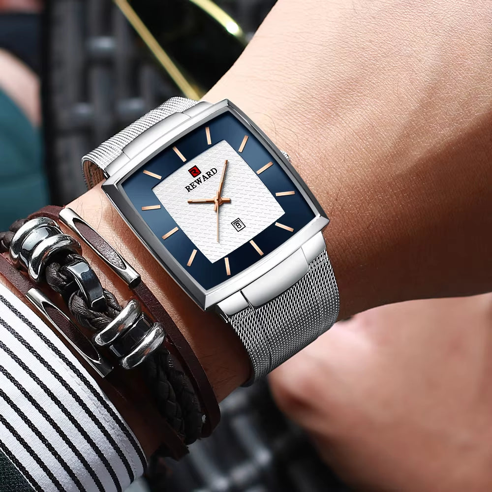 Fashion Watches Men Top Luxury Brand Square Blue Men'S Wristwatch Stainless Steel Waterproof Quartz Clock Male