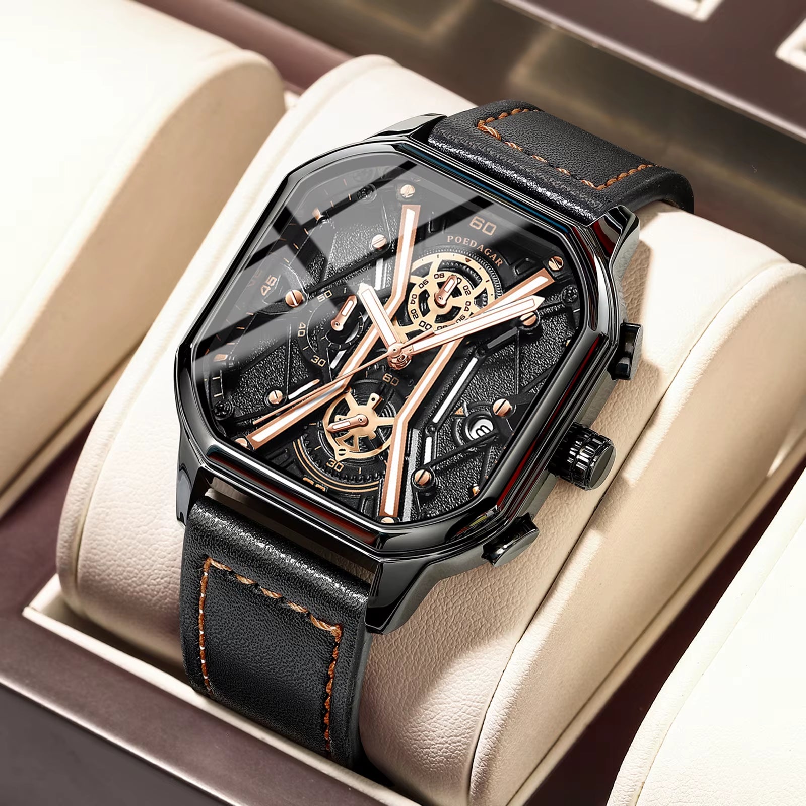 Fashion Men Wristwatches Luxury Chronograph Luminous Waterproof Date Man Watch Square Dial Leather Quartz Men'S Watches