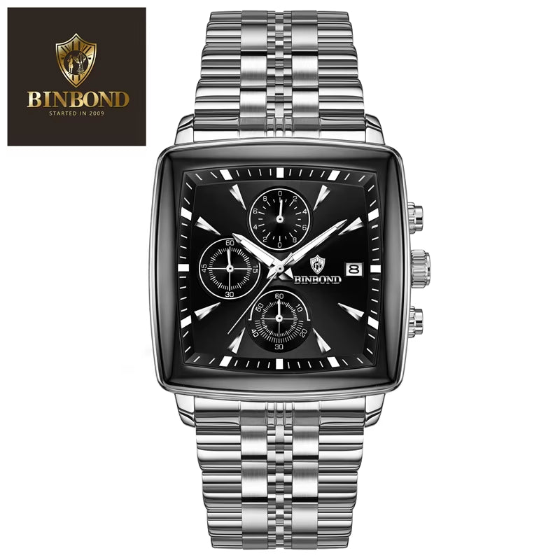 BINBOND Luxury Square Sport Man Wristwatch Waterproof Luminous Chronograph Quartz Men'S Watches Stainless Steel Men Watch Reloj