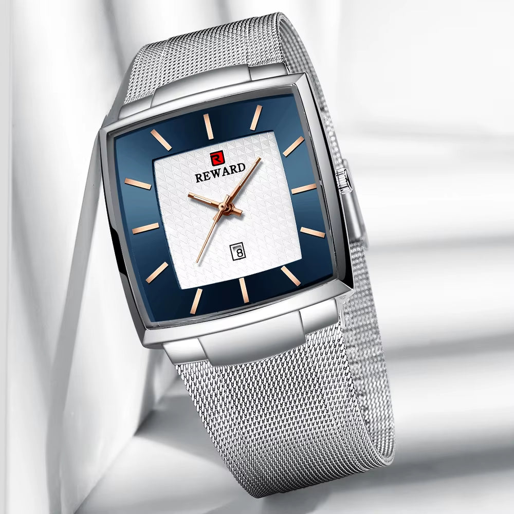 Fashion Watches Men Top Luxury Brand Square Blue Men'S Wristwatch Stainless Steel Waterproof Quartz Clock Male