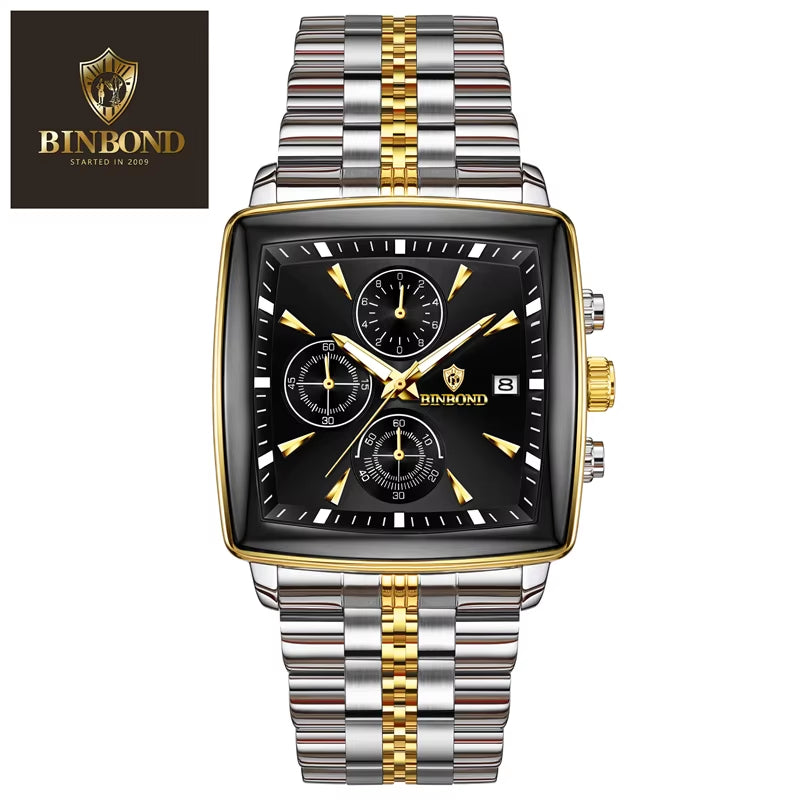 BINBOND Luxury Square Sport Man Wristwatch Waterproof Luminous Chronograph Quartz Men'S Watches Stainless Steel Men Watch Reloj