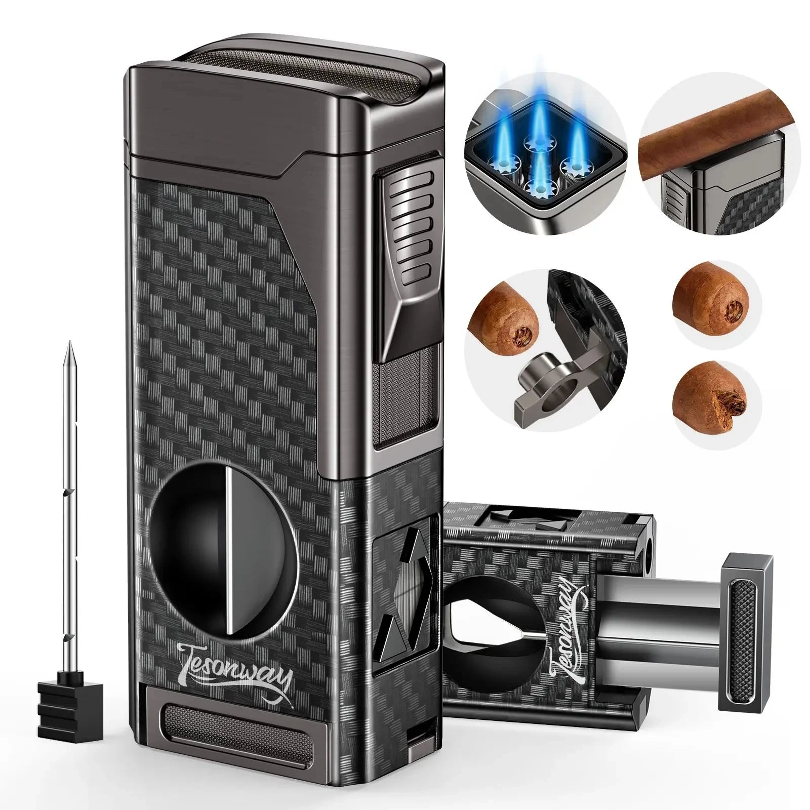 Premium 4 Jet Flame Cigar Lighter with Integrated Cigar Cutter and Windproof Refillable Butane for Enhanced Smoking Experience