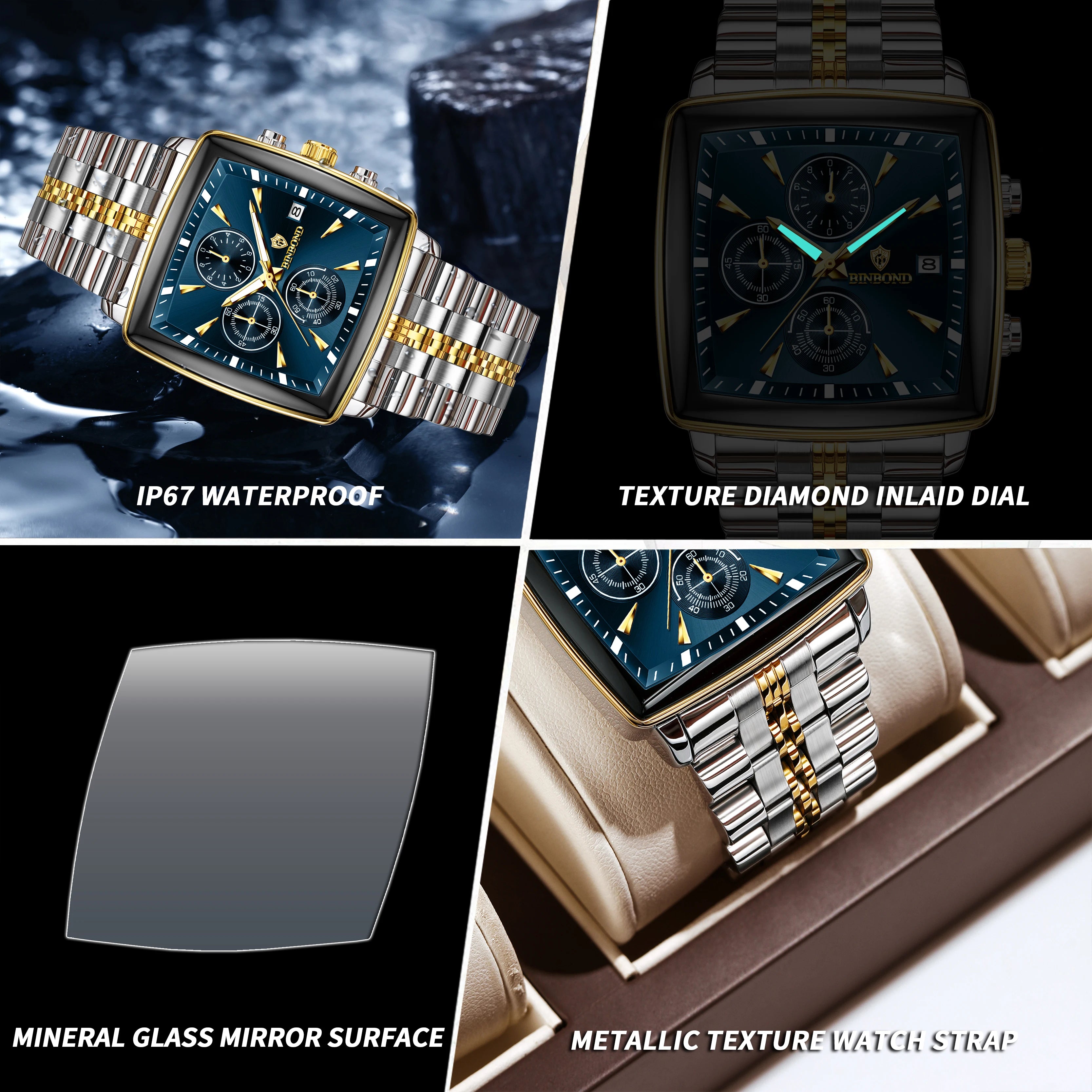 BINBOND Luxury Square Sport Man Wristwatch Waterproof Luminous Chronograph Quartz Men'S Watches Stainless Steel Men Watch Reloj