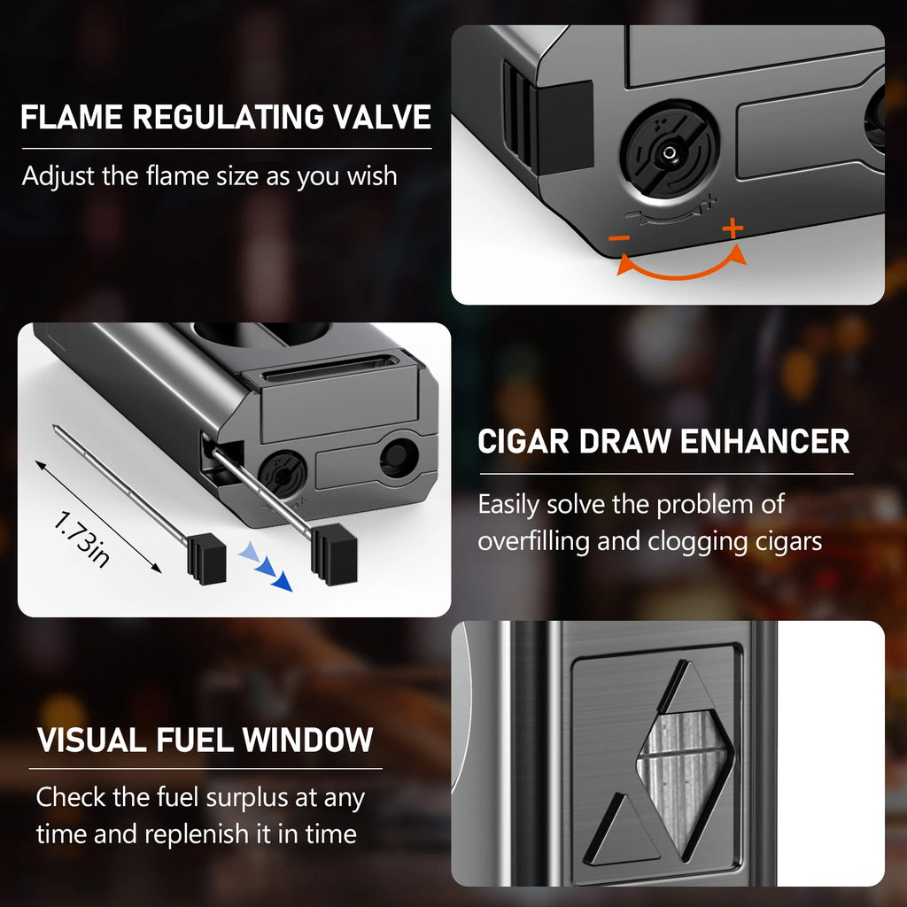 Premium 4 Jet Flame Cigar Lighter with Integrated Cigar Cutter and Windproof Refillable Butane for Enhanced Smoking Experience