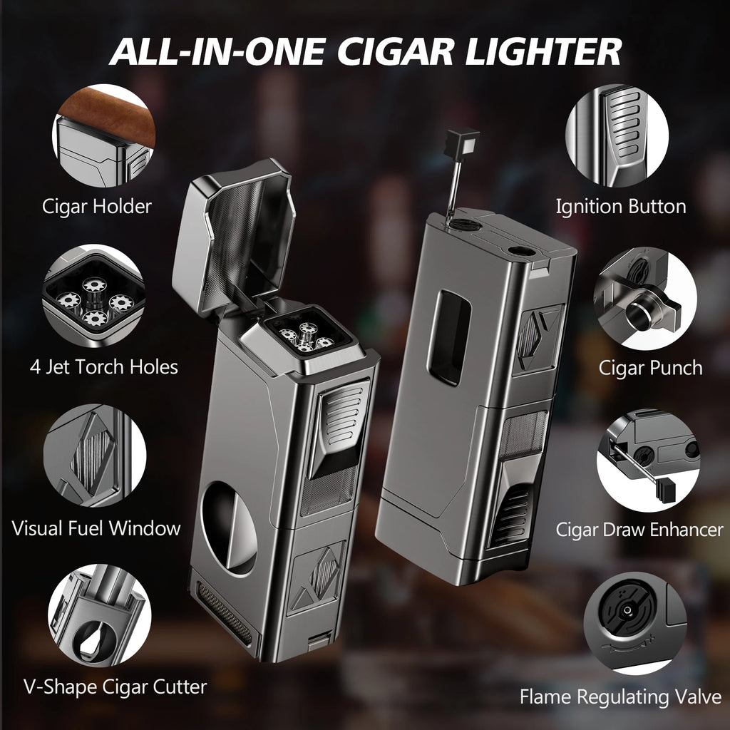 Premium 4 Jet Flame Cigar Lighter with Integrated Cigar Cutter and Windproof Refillable Butane for Enhanced Smoking Experience