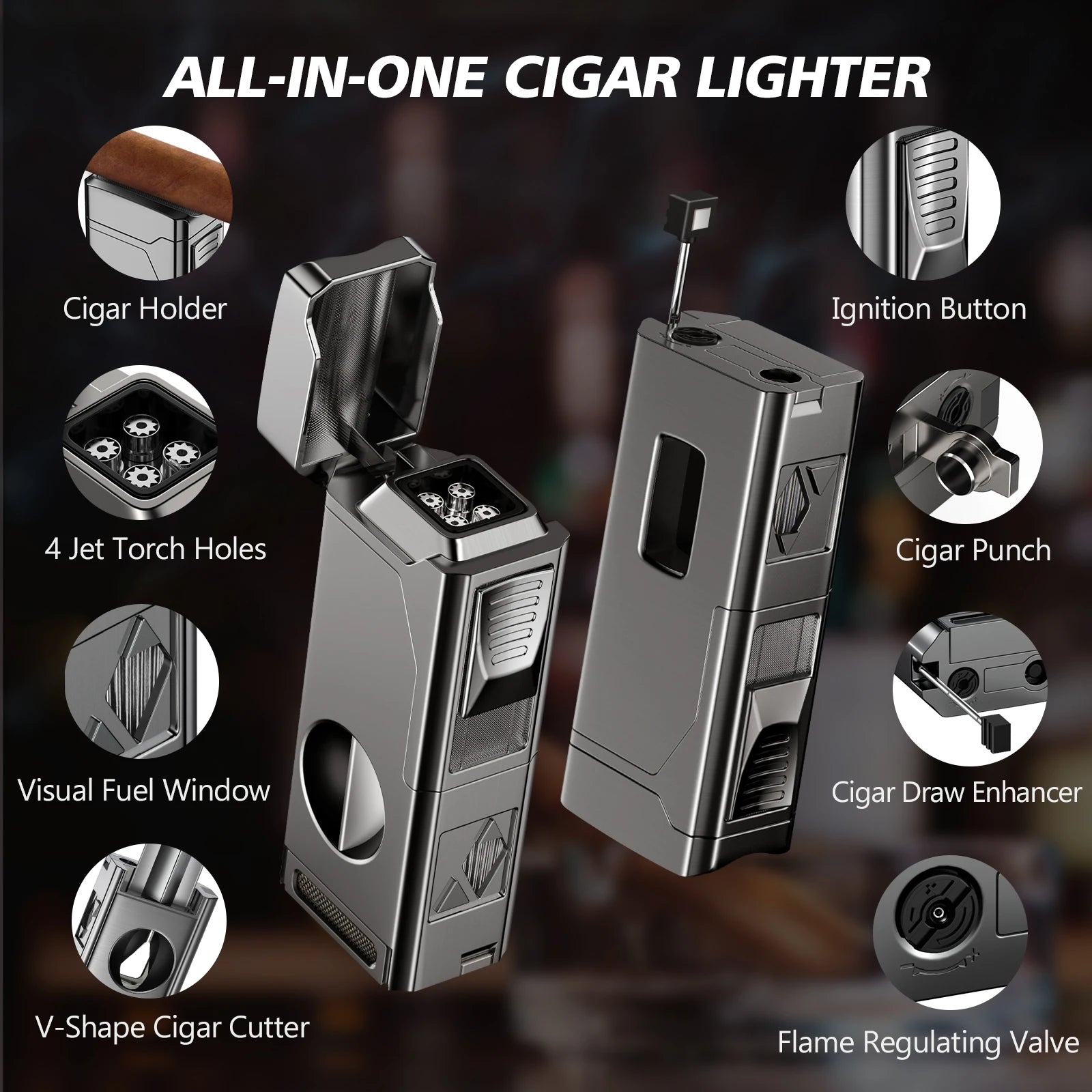 Premium 4 Jet Flame Cigar Lighter with Integrated Cigar Cutter and Windproof Refillable Butane for Enhanced Smoking Experience