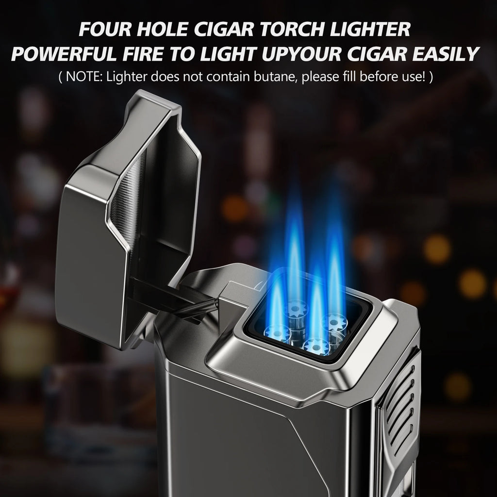 Premium 4 Jet Flame Cigar Lighter with Integrated Cigar Cutter and Windproof Refillable Butane for Enhanced Smoking Experience
