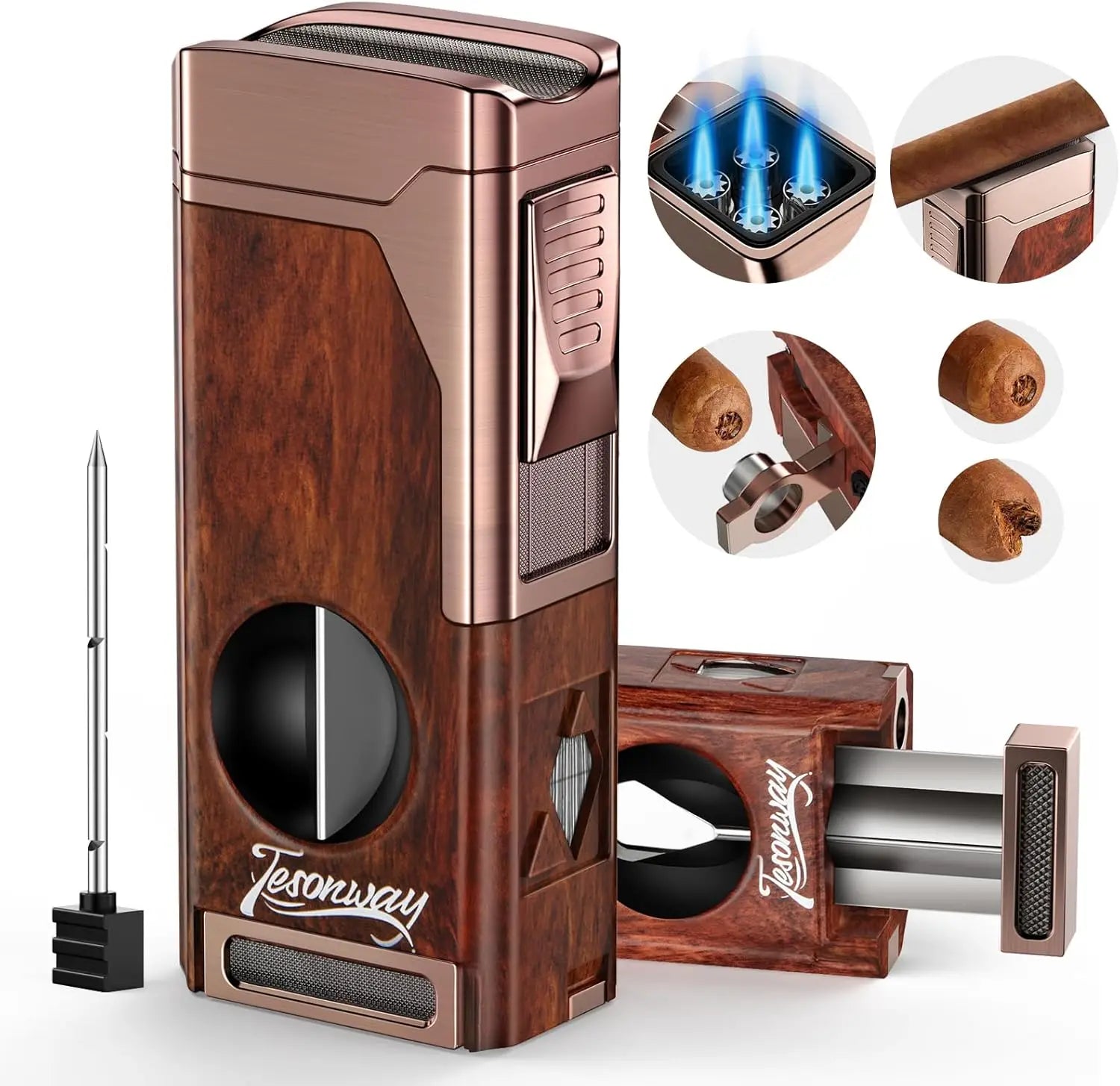 Premium 4 Jet Flame Cigar Lighter with Integrated Cigar Cutter and Windproof Refillable Butane for Enhanced Smoking Experience