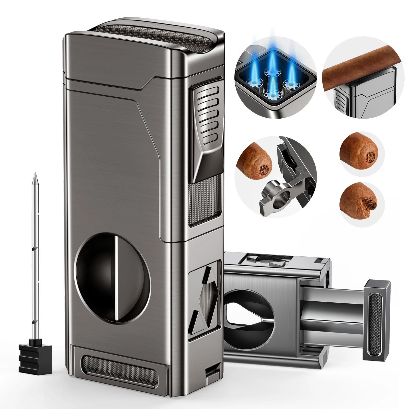 Premium 4 Jet Flame Cigar Lighter with Integrated Cigar Cutter and Windproof Refillable Butane for Enhanced Smoking Experience
