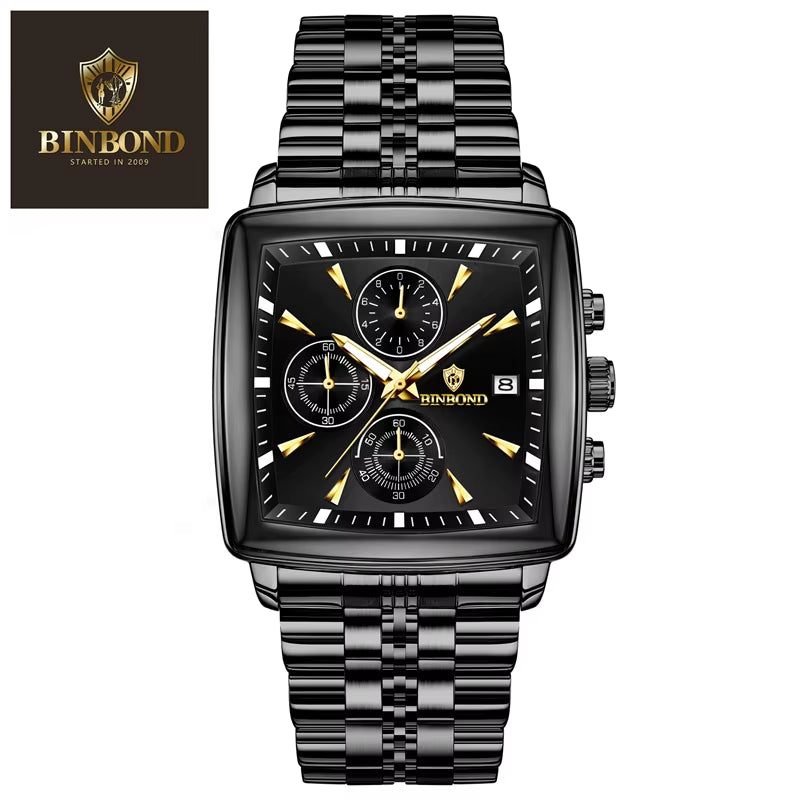 BINBOND Luxury Square Sport Man Wristwatch Waterproof Luminous Chronograph Quartz Men'S Watches Stainless Steel Men Watch Reloj
