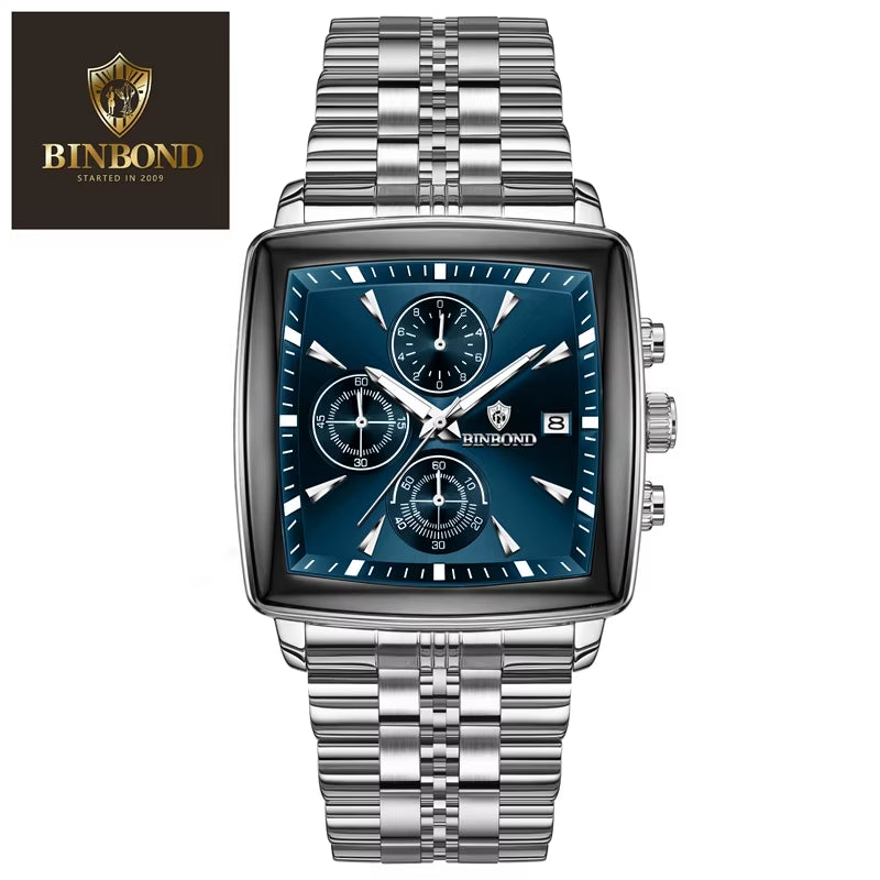 BINBOND Luxury Square Sport Man Wristwatch Waterproof Luminous Chronograph Quartz Men'S Watches Stainless Steel Men Watch Reloj