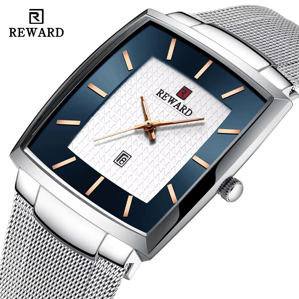 Fashion Watches Men Top Luxury Brand Square Blue Men'S Wristwatch Stainless Steel Waterproof Quartz Clock Male