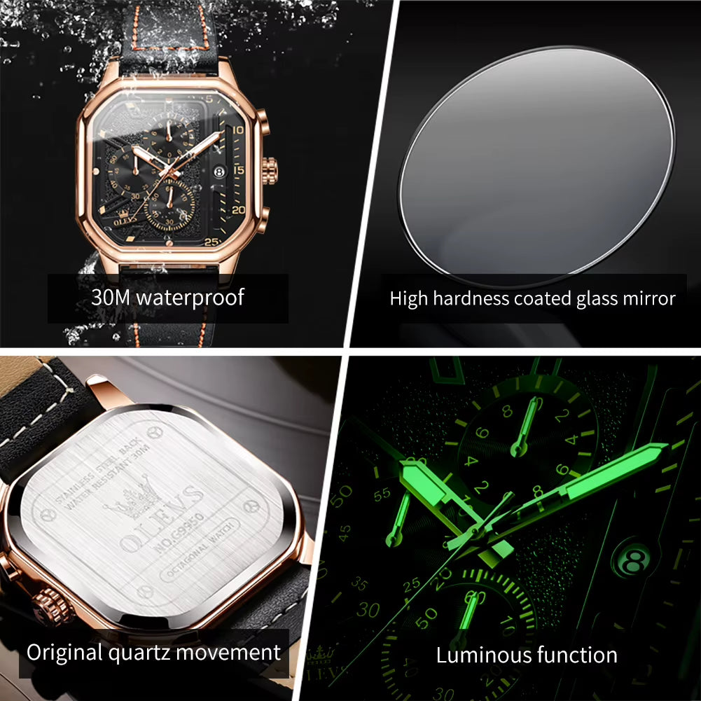 9950 Trend Brand Original Men'S Watches Square Waterproof Chronograph Quartz Watch Luminous Leather Strap Male Wristwatch