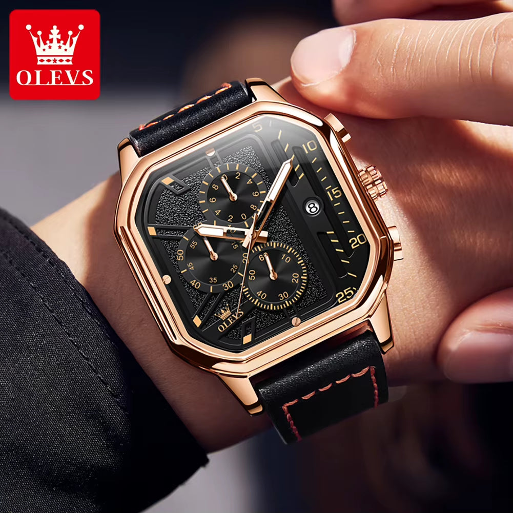 9950 Trend Brand Original Men'S Watches Square Waterproof Chronograph Quartz Watch Luminous Leather Strap Male Wristwatch