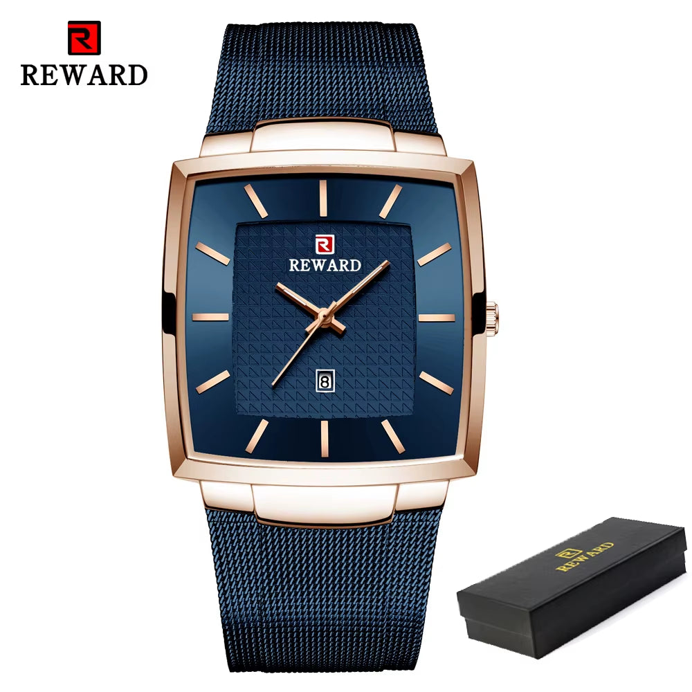 Fashion Watches Men Top Luxury Brand Square Blue Men'S Wristwatch Stainless Steel Waterproof Quartz Clock Male