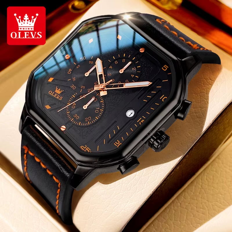 9950 Trend Brand Original Men'S Watches Square Waterproof Chronograph Quartz Watch Luminous Leather Strap Male Wristwatch